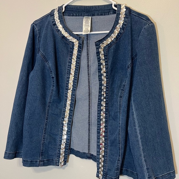 Y2K Denim Silver Sequin Jean Jacket - Size Small - Picture 1 of 5